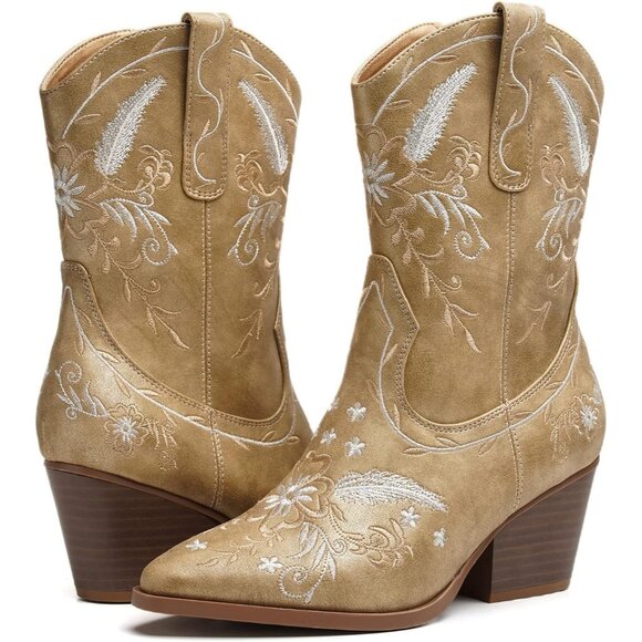 Anjoufemme Mid-Calf Boot Gold Polyurethane Embroidered Round-toe - Picture 2 of 8